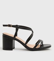 New Look Wide Fit Black Faux Snake Strappy Block Heel Sandals